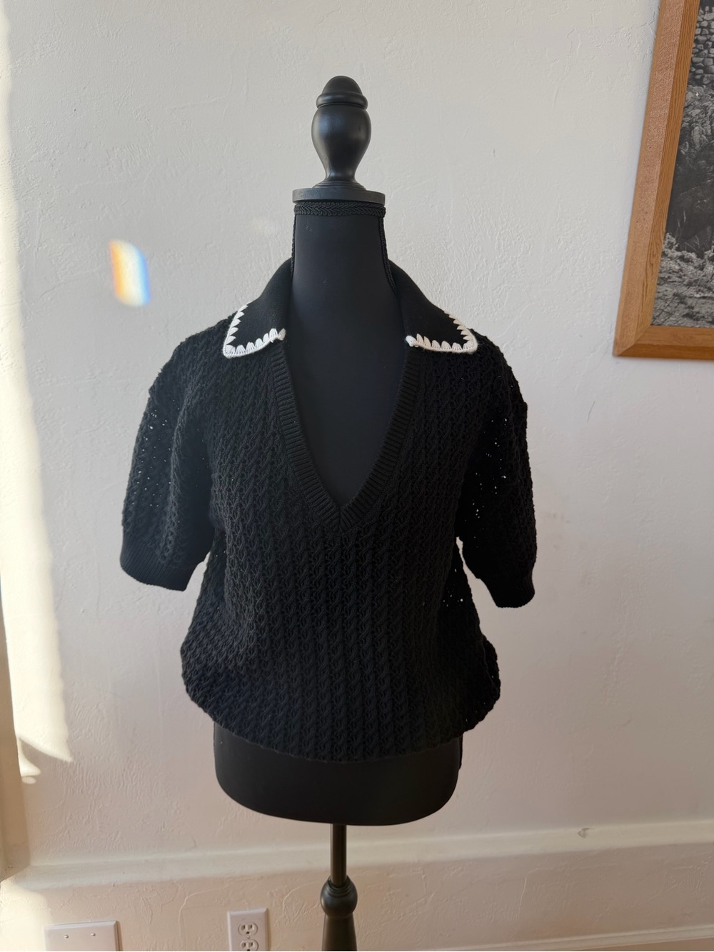 Varley Black V-Neck Knit Sweater with White Trim Collar